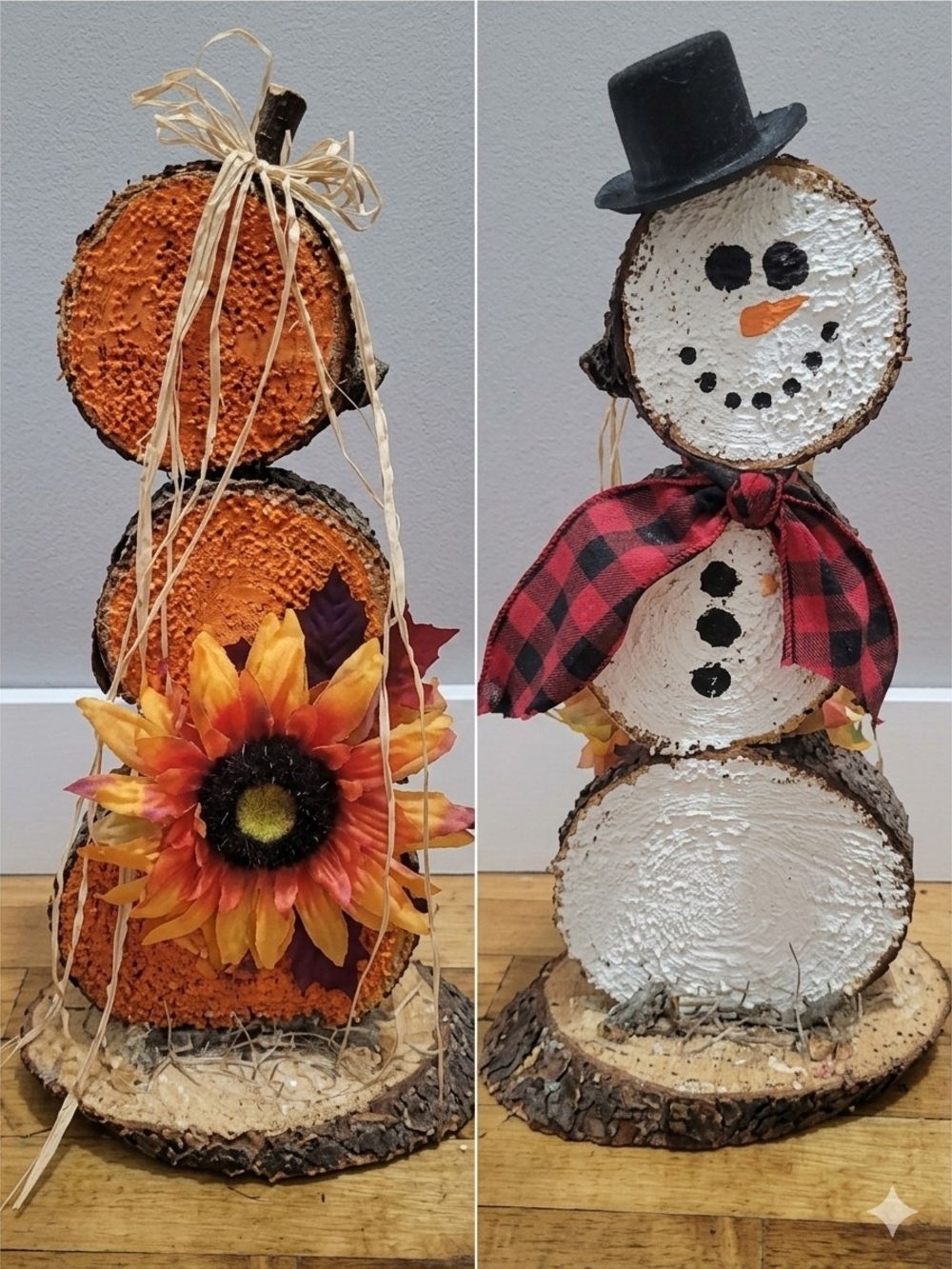 New Reversible Wood Slice Pumpkin & Snowman Tabletop Sign Fall Christmas 18.5"